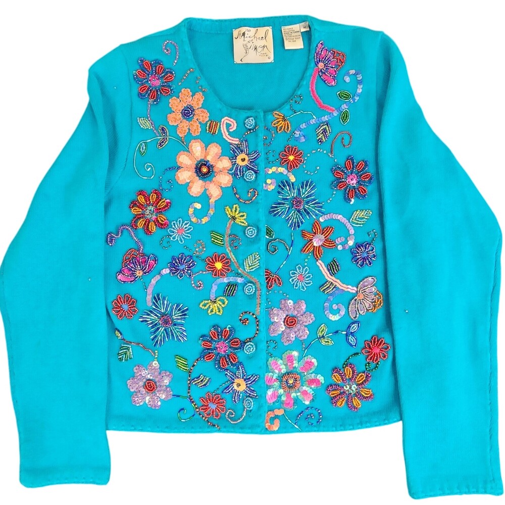 Michael Simon Cardigan Sweater Medium Blue Sequin Floral Y2K Beaded #1719